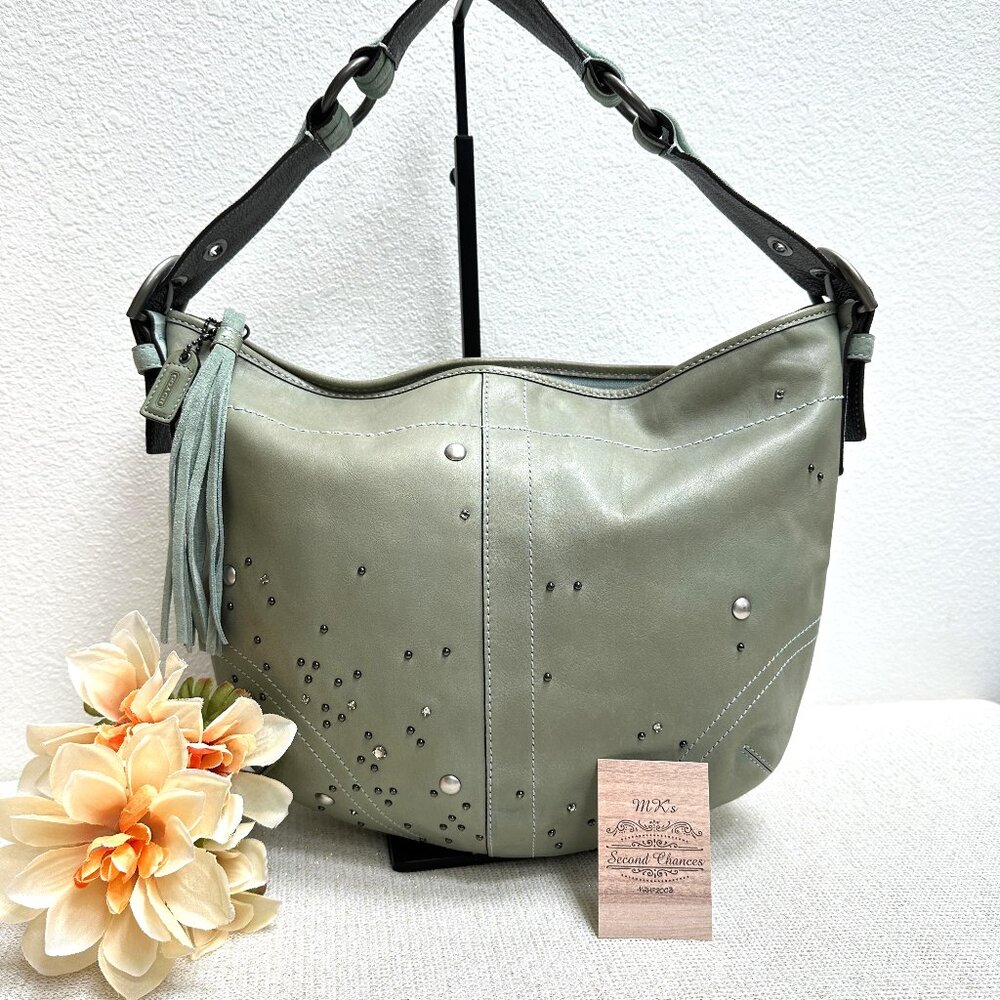 Vintage Coach Soho Studded Large Hobo 8A28 in Sage Vachetta Leather & Suede EUC